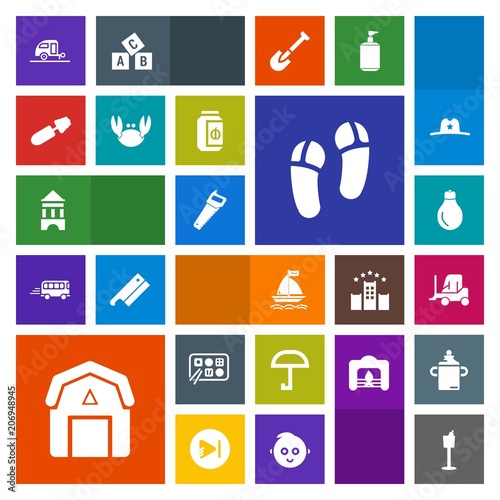 Modern, simple, colorful vector icon set with light, barn, footwear, idea, staple, vacation, restaurant, brush, mascara, car, fashion, bottle, energy, board, power, caravan, saw, slipper, travel icons