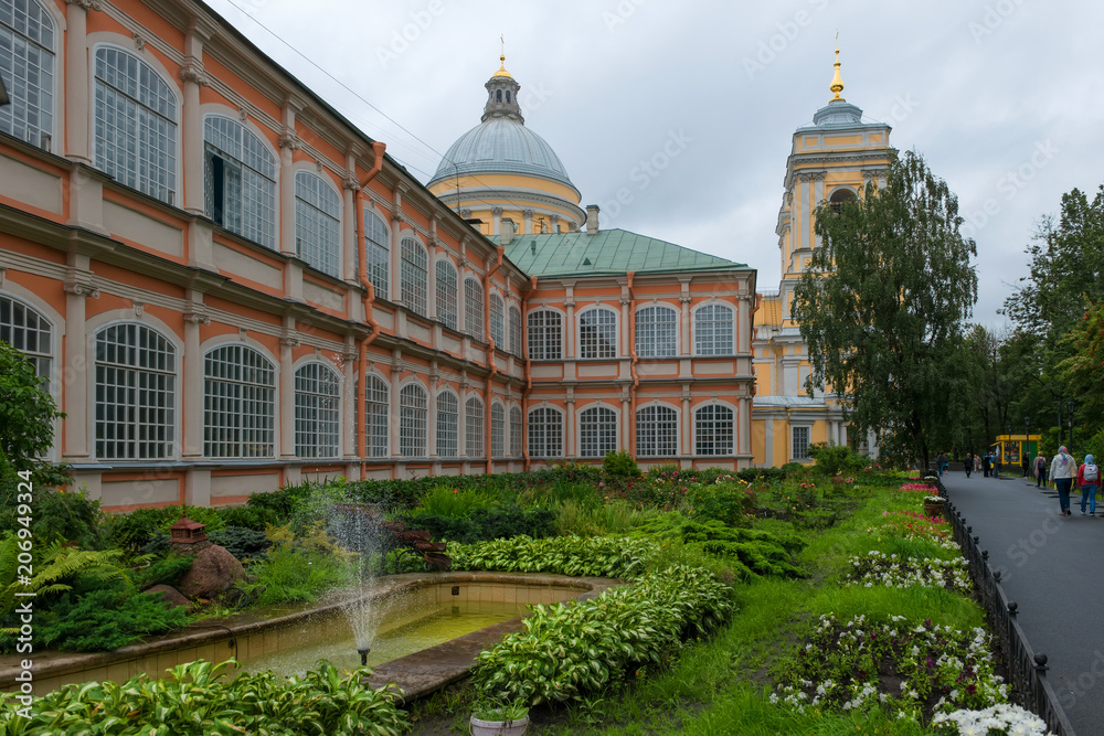 RUSSIA, SAINT PETERSBURG - AUGUST 18, 2017:  Flower garden the Holy spirit the corps of Alexander Nevsky Lavra
