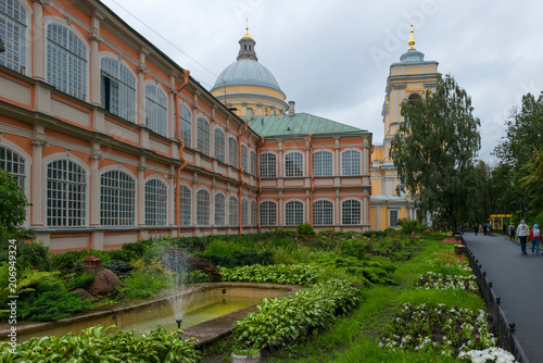 RUSSIA, SAINT PETERSBURG - AUGUST 18, 2017: Flower garden the Holy spirit the corps of Alexander Nevsky Lavra