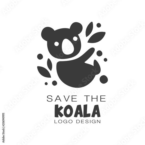 Save the koala logo design, protection of wild animal black and white sign vector Illustrations on a white background