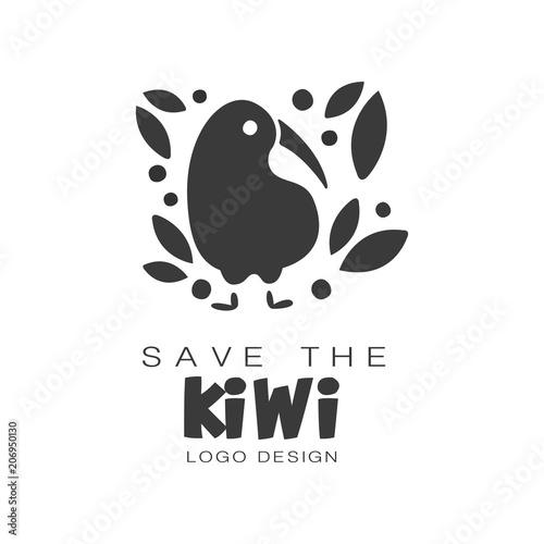 Save the kiwi logo design, protection of wild animal black and white sign vector Illustrations on a white background