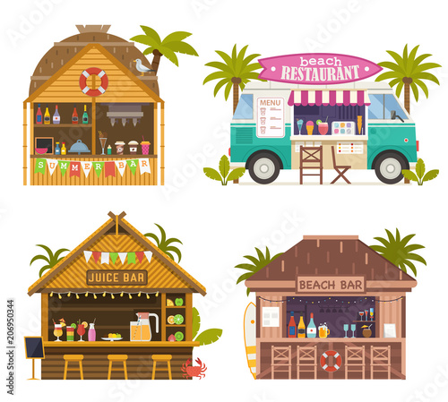 Beach juice bars with smoothies, soft drinks and refreshing beverages. Beach restaurants and food truck sailing fruit shakes, ice-cream and cocktails. Tropical tiki bar hut, bungalows on ocean coast.