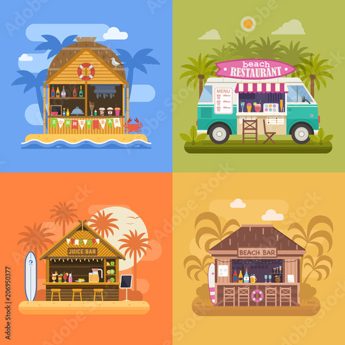 Exotic beach bar set. Summer restaurants on sea coast and food van selling fruit shakes, juice and cocktails. Beach party banners with tropical tiki bar hut, bungalow and ice cream truck.