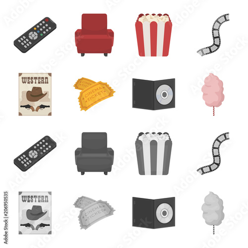 Western cinema, tickets, sweet cotton wool, film on DVD.Filmy and cinema set collection icons in cartoon,monochrome style vector symbol stock illustration web.
