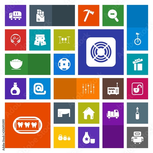 Modern, simple, colorful vector icon set with office, music, building, unlock, money, cyborg, car, real, present, delivery, equality, futuristic, fan, holiday, house, white, open, dentist, sign icons