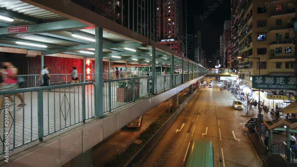 Elevated pedestrain walkway alongside a busy road in Mong Kok district, Kowloon, Hong Kong, China, T/lapse Elevated pedestrain walkway alongside a busy road in Mong Kok district, Kowloon, Hong Kong, China, T/lapse