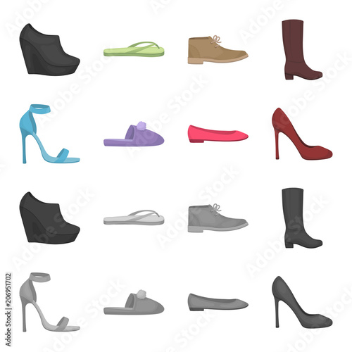 Blue high-heeled sandals, homemade lilac slippers with a pampon, pink women ballet flats, brown high-heeled shoes. Shoes set collection icons in cartoon,monochrome style vector symbol stock