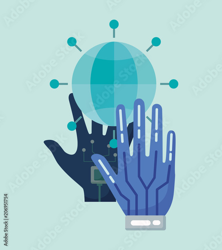 virtual reality design with wired gloves and global sphere over blue background, colorful design. vector illustration