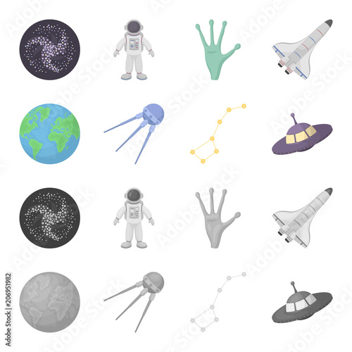 Planet Earth with continents and oceans, flying satellite, Ursa Major, UFO. Space set collection icons in cartoon,monochrome style vector symbol stock illustration web.