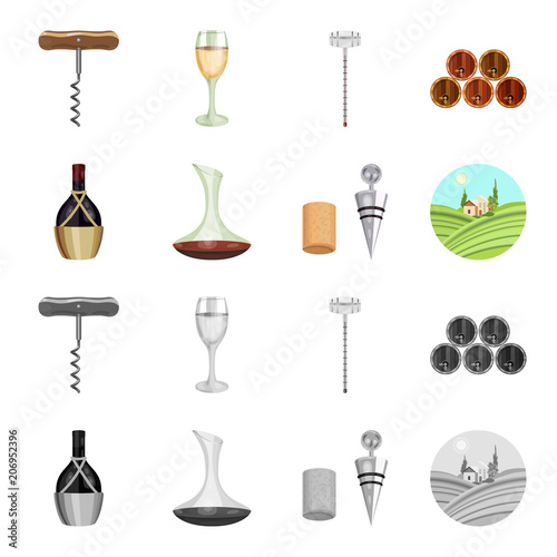 A bottle of wine in a basket, a gafine, a corkscrew with a cork, a grape valley. Wine production set collection icons in cartoon,monochrome style vector symbol stock illustration web. photo