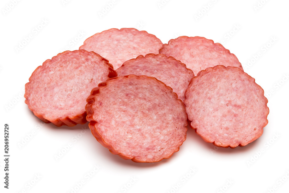 Slices of salami. Isolated on a white background. Slices of salami. Isolated on a white background.