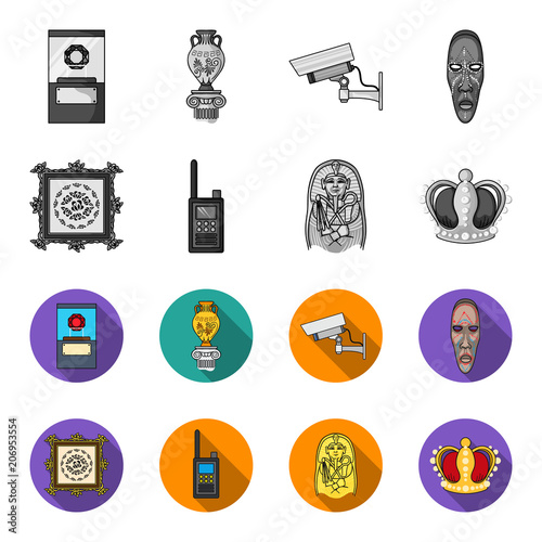 Picture, sarcophagus of the pharaoh, walkie-talkie, crown. Museum set collection icons in monochrome,flat style vector symbol stock illustration web.