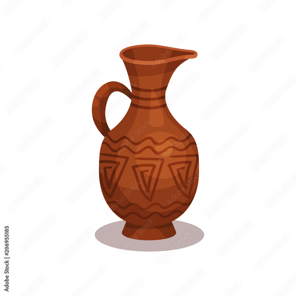 Flat vector icon of old clay jug with traditional ornament. Ancient ceramic amphora with handle and narrow neck