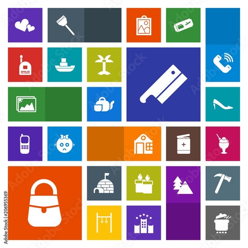 Modern, simple, colorful vector icon set with shoe, real, business, child, meat, ice, bag, teapot, arctic, candle, pot, sweet, flame, fire, decoration, romance, heart, photo, meal, wax, dinner icons