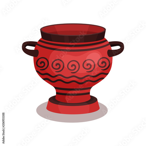 Flat vector icon of red amphora with circular ornament. Ancient ceramic jug with two handles and broad neck