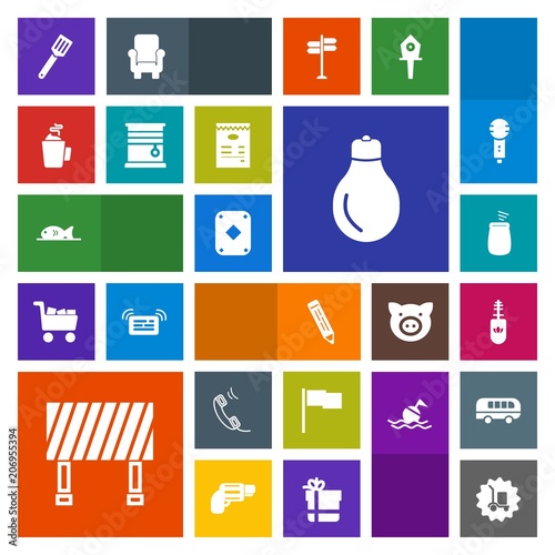 Modern, simple, colorful vector icon set with makeup, percussion, poker, kitchen, drink, room, home, road, music, game, play, idea, pencil, brush, cup, package, curtain, cargo, musical, fish icons