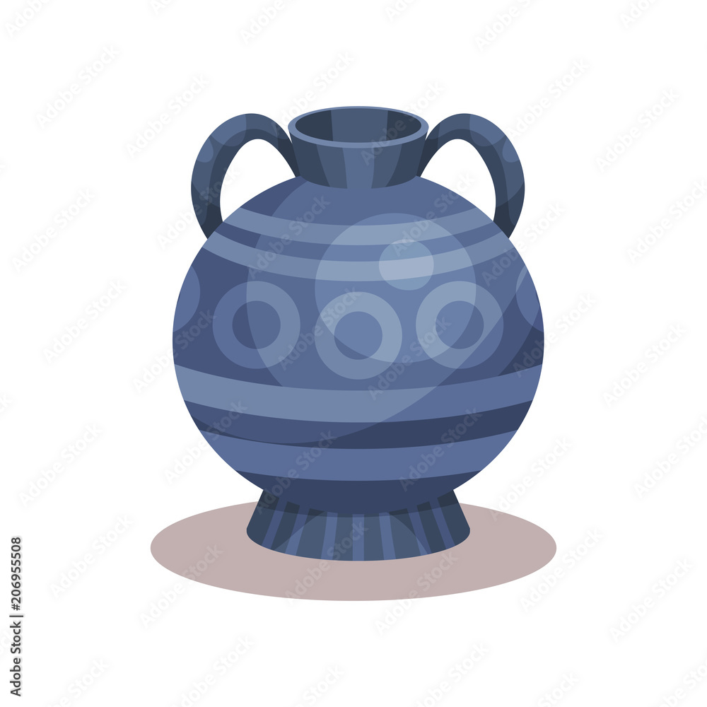 Flat vector icon of antique amphora with traditional ornament. Blue jug with two handles and narrow neck