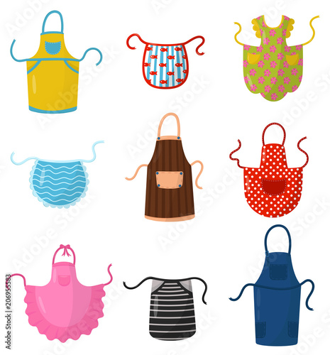 Flat vector set of colorful kitchen aprons. Protective garment. Cooking dress for housewife or chef of restaurant