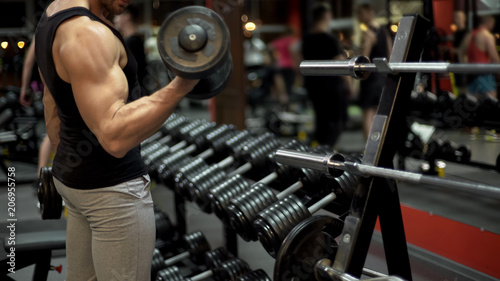 Muscleman lifting heavy dumbbells in gym, sport equipment, power bodybuilding