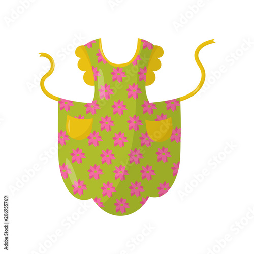 Green kitchen apron with floral pattern and two yellow pockets. Cooking dress for housewife. Flat vector illustration