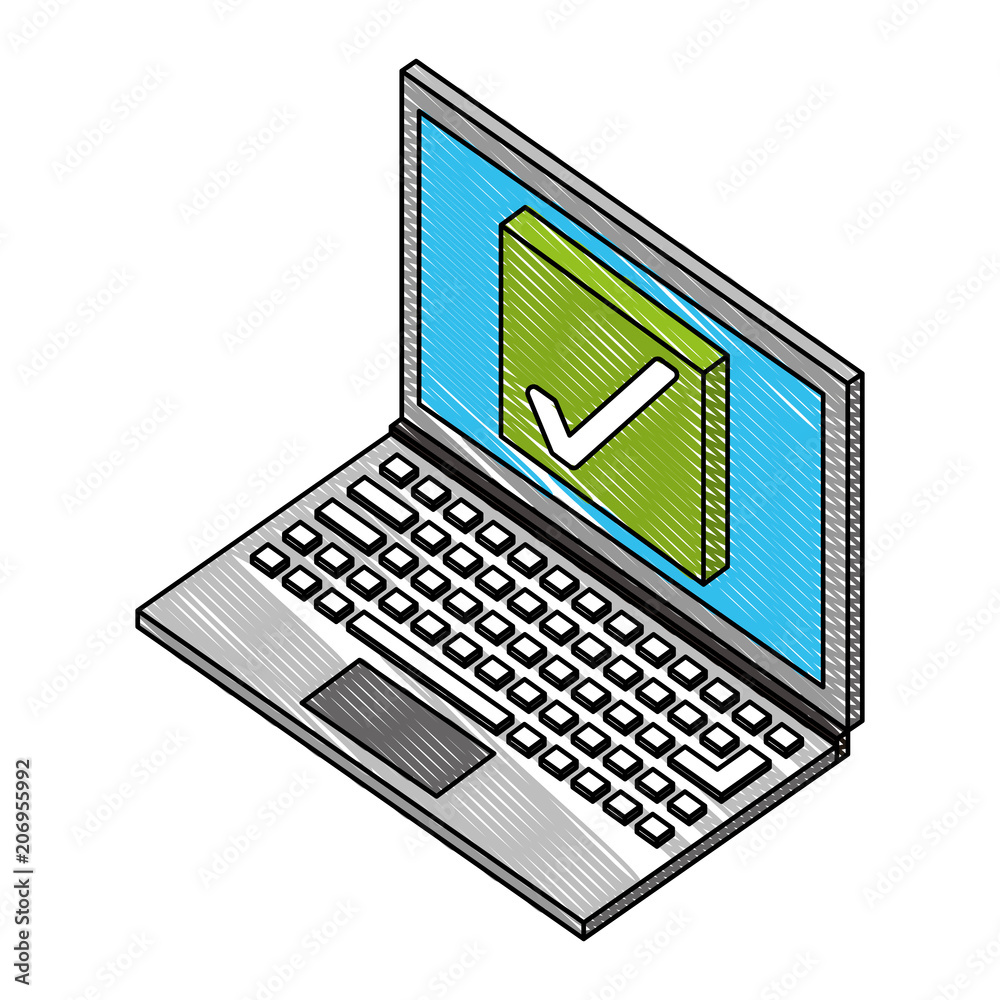 laptop computer with button check isometric icon vector illustration design - obrazy, fototapety, plakaty 