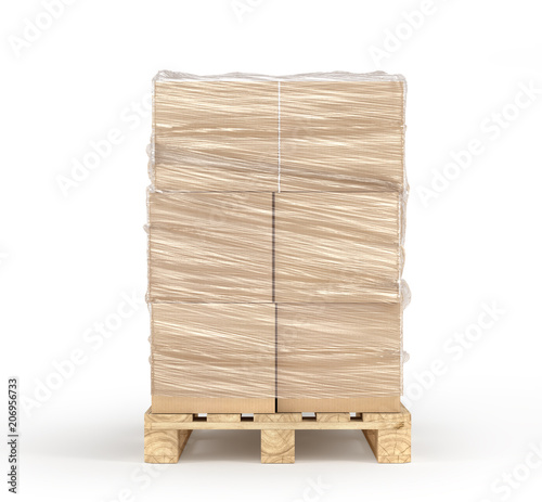 Bilde på lerret Cardboard boxes wrapped polyethylene on wooden pallet isolated on white background