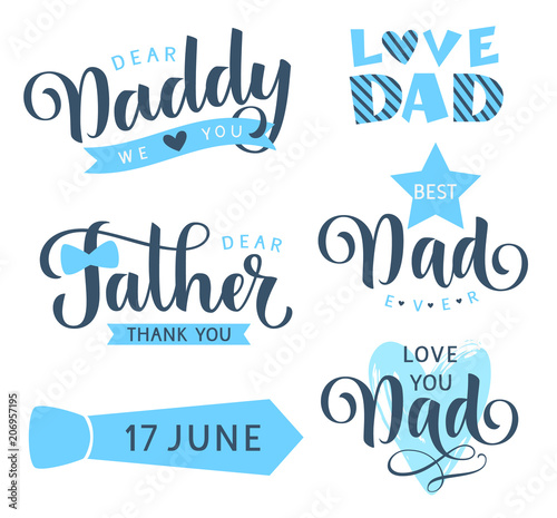 Happy Fathers day lettering greeting text. Vector set for holiday design