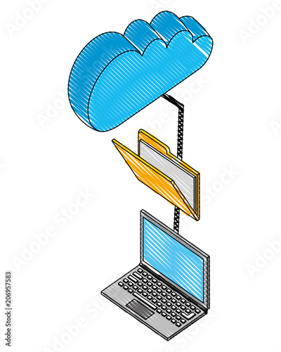 laptop computer with folder and cloud computing isometric vector illustration