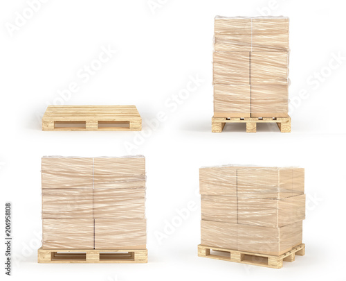Bilde på lerret Cardboard boxes wrapped polyethylene on wooden pallet isolated on white background