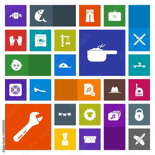 Modern, simple, colorful vector icon set with hammer, cooking, spanner, dinner, technology, flag, cute, shirt, baby, background, communication, cloakroom, spaceship, file, cheese, clothes, pot icons