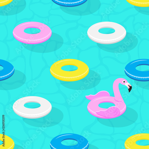 Inflatable animal rubber toys in swimming pool.