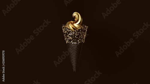 Gold Leaf Ice Cream with Black Icing and Gold Sprinkles 3d illustration © paul