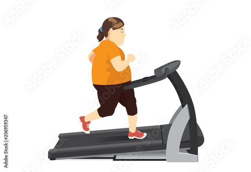 Fat woman jogging on electric treadmill isolated on white. Illustration about lose weight with exercise equipment.