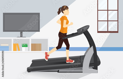 Woman running on electric treadmill at home. Illustration about comfortable exercise with Equipment.