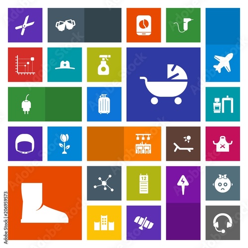 Modern, simple, colorful vector icon set with music, cowboy, restaurant, power, bag, bar, machine, sound, diagram, gardening, reminder, data, xray, audio, technology, pram, hat, atom, child, cut icons