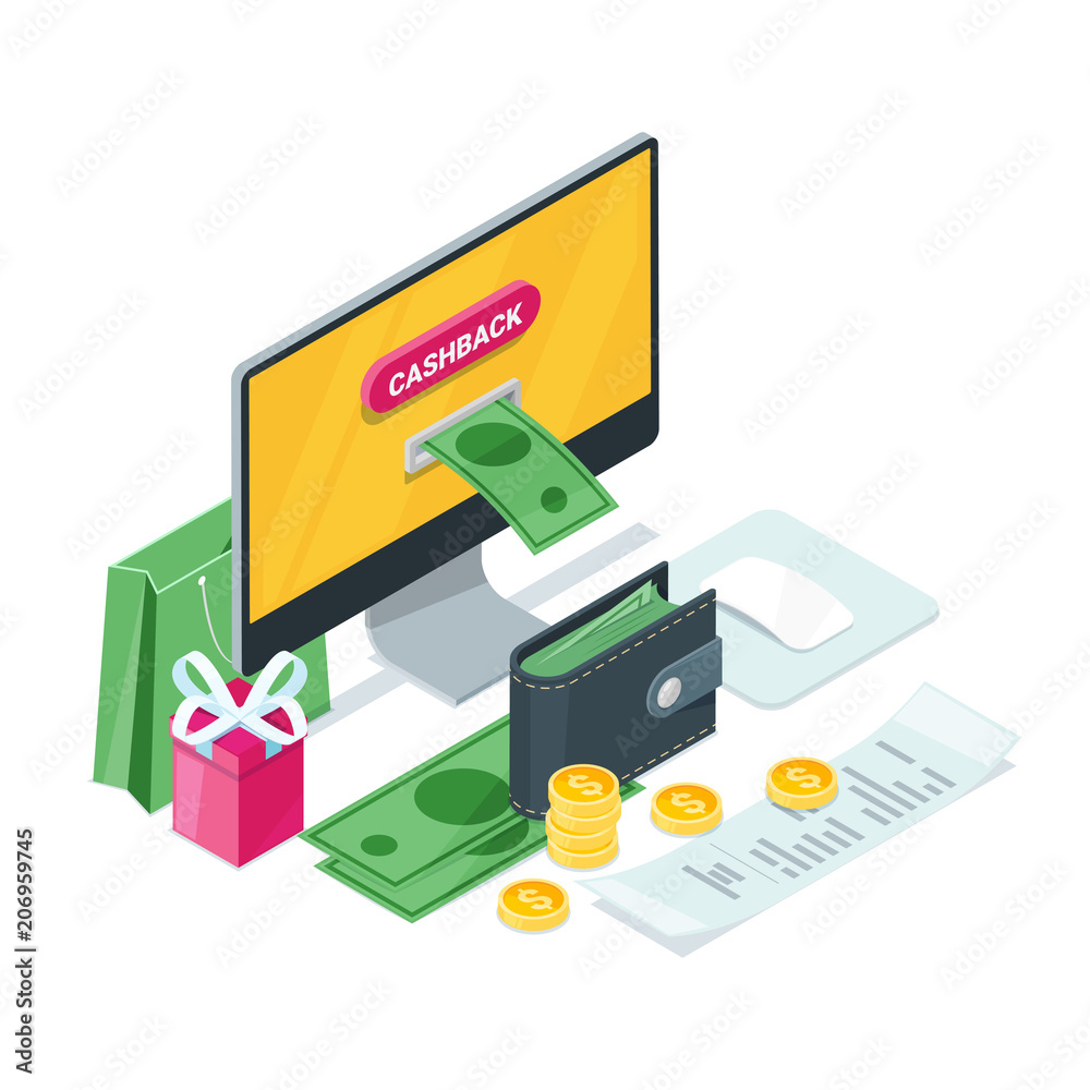 Cashback concept. Vector isometric 3d illustration. Money icons for cash back or transfer payments online service