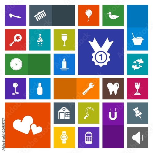 Modern, simple, colorful vector icon set with volume, flame, valentine, building, up, house, winner, dvd, seafood, tool, sickle, cd, romance, first, fire, business, audio, fashion, sea, heart icons