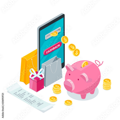 Cashback online service concept. Vector isometric 3d illustration. Icons for cash back or transfer payments mobile apps