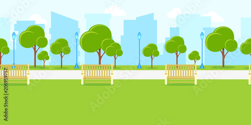 City park landscape, horizontal seamless background. Vector urban life illustration. Summer or spring cityscape