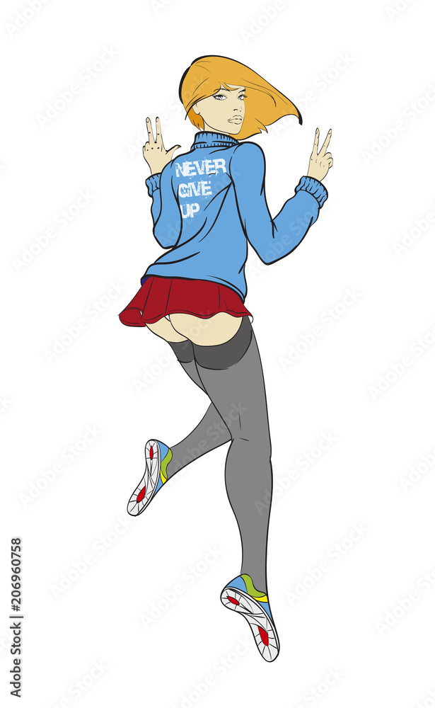 Woman in stockings, skirt and sneakers. Fashion style. Vector sexy illustration. Never give up. Woman in stockings, skirt and sneakers. Fashion style. Vector sexy illustration. Never give up.
