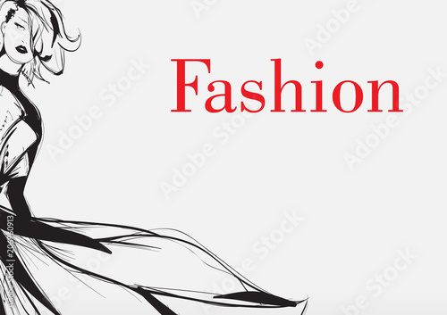 Black and white retro fashion model in sketch style. Hand drawn vector illustration