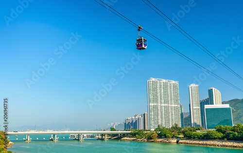 Cable car above Tung Chung Bay in Hong Kong on Lantau Island