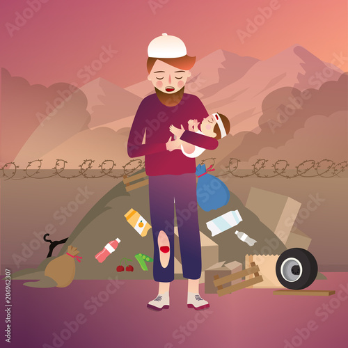 minorities refugee family, baby daughter and father live near border with pathetic and poor,low quality of life because of war crisis