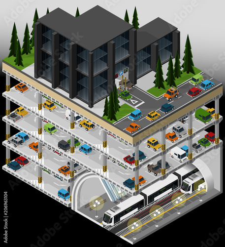 Vector isometric illustration of an element of urban infrastructure consisting of a subway transport hub, underground multi storey car park and parked vehicles.
