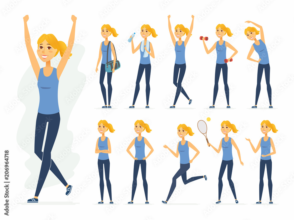 Obraz premium Sportswoman - vector cartoon people character set