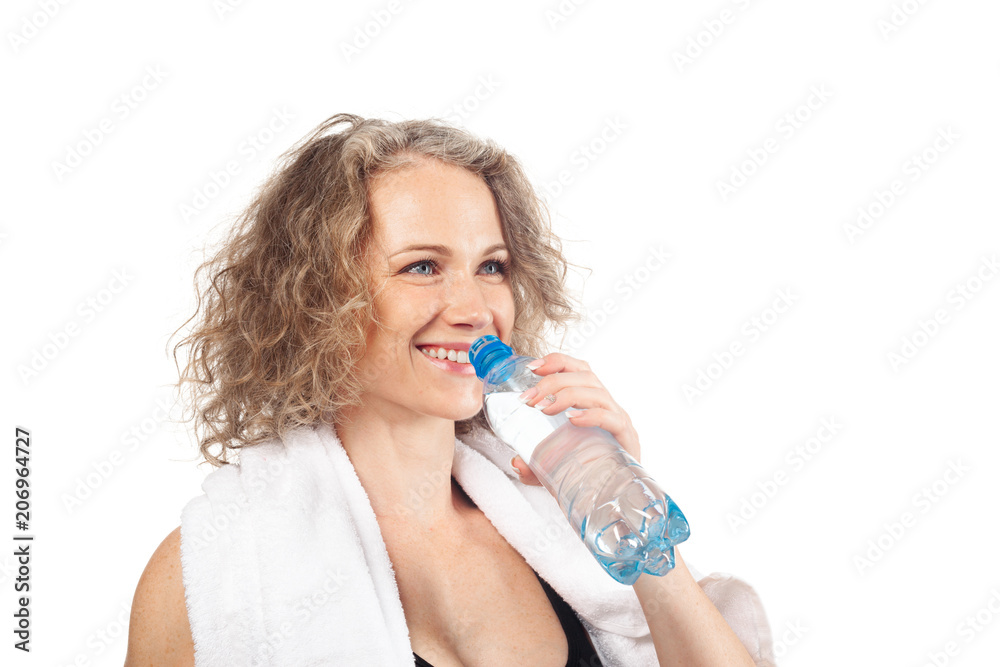 Portrait of happy smiling young woman in fitness wear with bottle of water Portrait of happy smiling young woman in fitness wear with bottle of water