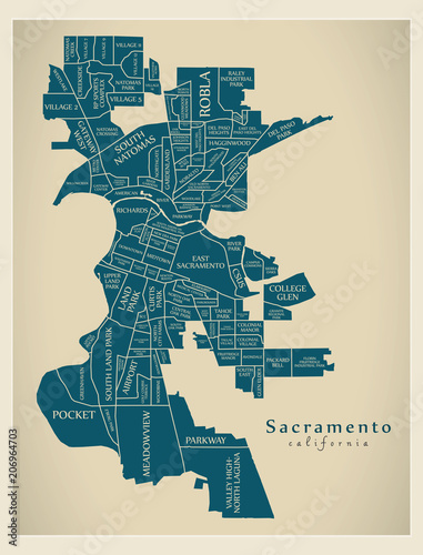 Modern City Map - Sacramento California city of the USA with neighborhoods and titles