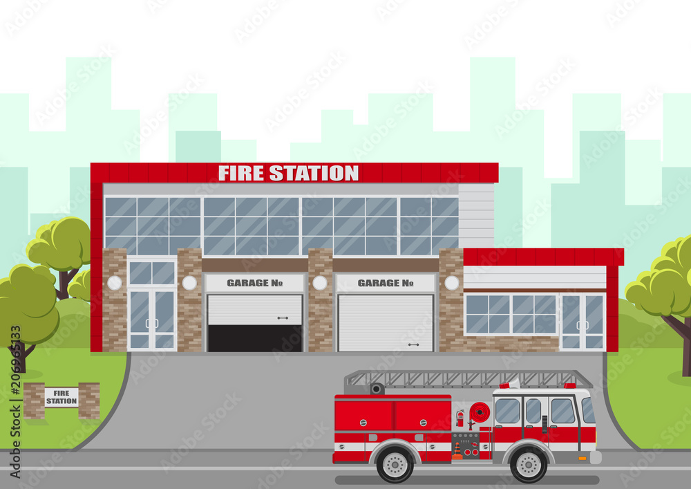 Vector illustration. Fire station with fire truck on city background