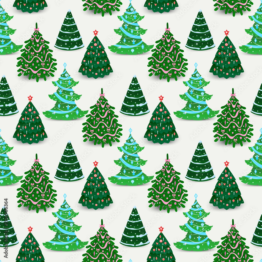 Christmas tree vector ornament star xmas gift seamless pattern design holiday celebration winter season party plant.