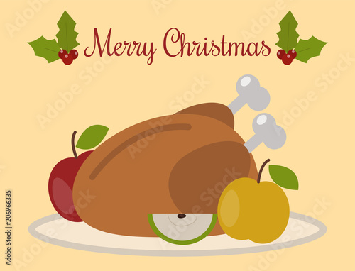 Traditional christmas turkey food holiday decoration xmas sweet celebration vector illustration.